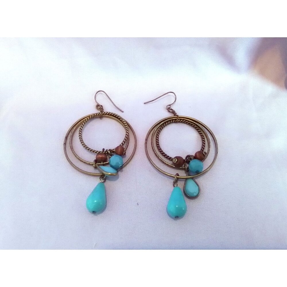 Vintage Boho Hoop Dangle Earrings With Turquoise & Brown Beads